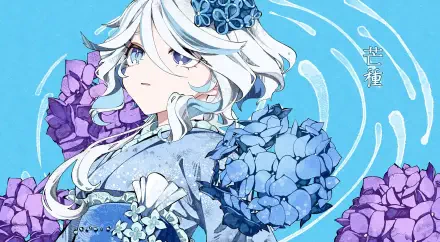 HD PC desktop wallpaper of Furina from the video game Genshin Impact: white-haired girl in an ornate blue outfit surrounded by blue and purple hydrangeas on a swirling cyan background.