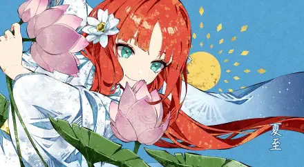 HD PC wallpaper of Nilou from Genshin Impact: red-haired girl with teal eyes holding lotus flowers against a sunlit blue sky and stylized ocean waves.