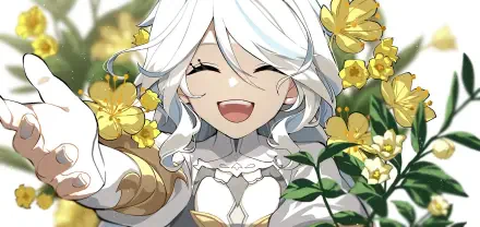 HD PC desktop wallpaper of Furina (Genshin Impact): joyful white-haired girl in ornate white-and-gold attire laughing among bright yellow flowers.