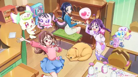 A vibrant anime scene from You and Idol Precure, featuring cheerful characters in a colorful room with a piano, cute creatures, and a resting dog, creating a lively atmosphere.