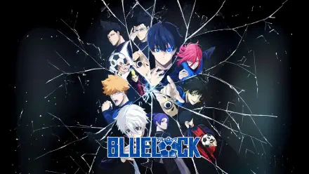 4K Ultra HD Blue Lock PC desktop wallpaper featuring key characters from the anime, displayed through a shattered glass effect with the Blue Lock logo at the bottom center.