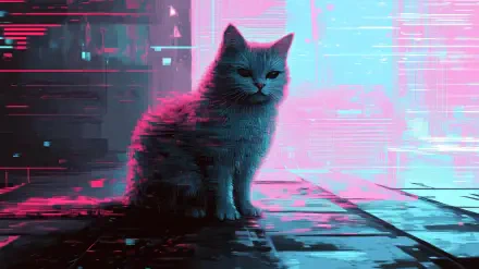 A glitchcore-inspired cat sits amidst a cyberpunk backdrop, blending vibrant pink and blue hues in this HD desktop wallpaper.