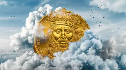 A striking gold coin emerges from swirling clouds, set against a serene sky, designed as a 4K Ultra HD PC desktop wallpaper and background.