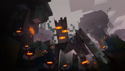 A captivating HD wallpaper from Minecraft featuring a menacing figure with glowing orange eyes amidst a dark, pixelated landscape filled with ominous elements.
