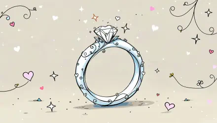 A beautifully illustrated wedding ring adorned with a diamond, surrounded by whimsical hearts and sparkles, serve as an enchanting 4K Ultra HD PC desktop wallpaper and background.