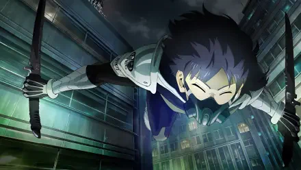 Kaiju No. 8 character in dynamic action pose amid urban nightscape, featured in a 4K Ultra HD PC desktop wallpaper and background.