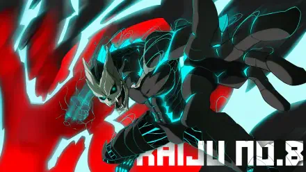 Kaiju No. 8 depicted in dynamic action with glowing blue and red energy, rendered as a vibrant 4K Ultra HD PC desktop wallpaper and background.