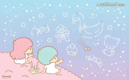 A charming HD wallpaper featuring the Little Twin Stars from Sanrio, with pastel colors and whimsical starry illustrations, capturing a serene moment of friendship and imagination.