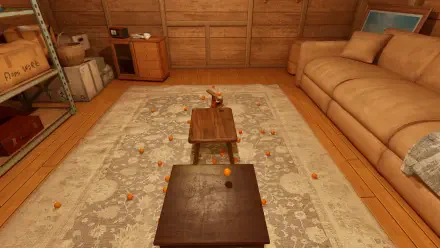 A cozy interior scene from TrickShot Simulator, featuring two wooden tables, scattered oranges, and a couch, showcasing a creative gaming environment in HD.