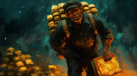 A man, depicted as a wage slave, carries a heavy load while surrounded by towering stacks of gold bars, set against a vivid, dynamic background in this 4K Ultra HD wallpaper.
