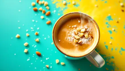 A steaming cup of coffee topped with crushed nuts sits against a vibrant teal and yellow background, accented by scattered garnishes, creating a lively desktop wallpaper.