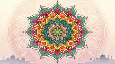 A vibrant mandala design featuring intricate patterns in green, red, and gold, set against a soft background, creating a stunning 4K Ultra HD desktop wallpaper.