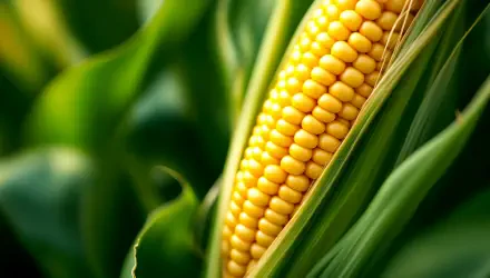 A vibrant close-up of a plump yellow ear of corn nestled among green leaves, showcasing its fresh texture and rich color in stunning 4K Ultra HD quality.