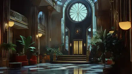 A luxurious Art Deco room with a grand circular window, marble floors, lush plants, and elegant lighting, captured in stunning 4K Ultra HD for a desktop wallpaper.