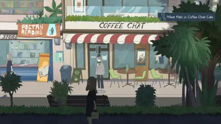 An HD wallpaper from Afterlove EP, depicting a serene street scene with a coffee shop and silhouettes of characters, capturing the game's vibrant atmosphere and art style.