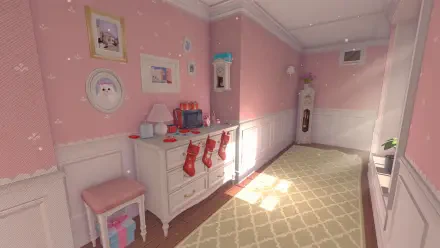 A cozy pink-themed room featuring a dresser with stockings, decorations, and sunlight streaming through, presented as a vibrant 4K Ultra HD PC desktop wallpaper for MiSide.