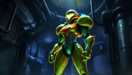 A stunning 4K Ultra HD wallpaper featuring Samus Aran, showcasing her iconic armored suit against a dark, industrial background, highlighting her strength and determination.