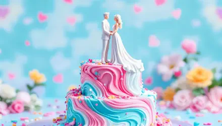 A vibrant wedding cake features swirls of pink and blue frosting, topped with a couple figurine, set against a soft blue background adorned with colorful confetti and flowers.