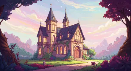 A charming villa with intricate architecture, surrounded by lush greenery and vibrant flowers, set against a pastel sky. A stunning 4K Ultra HD PC desktop wallpaper.