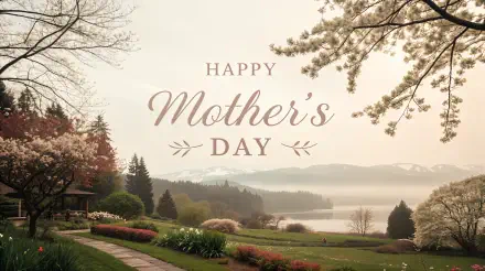 A serene landscape with blooming flowers and trees, featuring elegant Happy Mother's Day text, rendered in 4K Ultra HD as a PC desktop wallpaper and greeting card background.