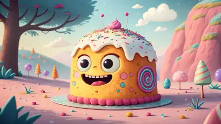 A cheerful cartoon pound cake with a smiling face, topped with frosting, sprinkles, and a cherry, set in a whimsical pastel landscape. 4K Ultra HD desktop wallpaper.