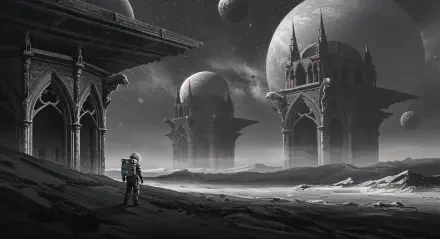 A grayscale 4K Ultra HD wallpaper depicting an astronaut standing on a lunar landscape, with towering gothic structures and several planets in the background.