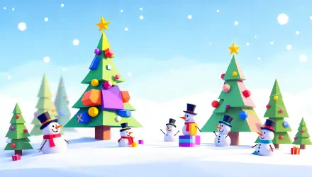 A vibrant 4K Ultra HD winter scene with decorated Christmas trees, cheerful snowmen, and festive holiday decorations under a bright blue sky.