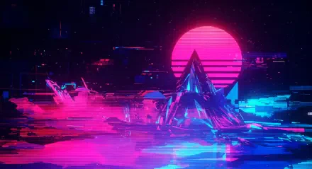 A vibrant digital glitch scene featuring a neon pink sun and geometric shapes, set against a dark background, creating an eye-catching 4K Ultra HD PC desktop wallpaper.