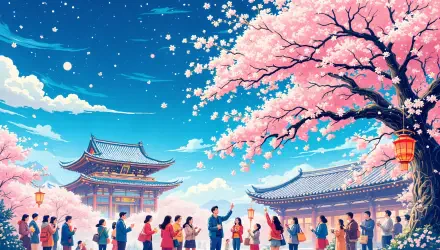 A vibrant scene depicting a joyful holiday celebration under blooming cherry blossoms, featuring people gathered near traditional architecture, set against a bright blue sky, in 4K Ultra HD quality.