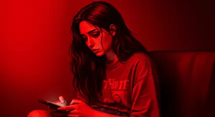 A sad lofi girl sits in a dimly lit room, absorbed in her phone. The image exudes a melancholic vibe, presented as a 4K Ultra HD desktop wallpaper and background.