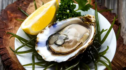 A stunning close-up of a fresh oyster served on a bed of seaweed, accompanied by a lemon wedge and herbs, featured as a 4K Ultra HD PC desktop wallpaper.