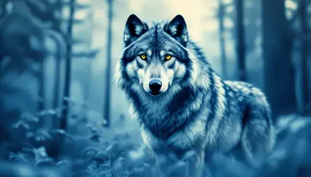 A majestic gray wolf with striking golden eyes stands amidst a misty forest, captured in stunning 4K Ultra HD quality, perfect as a desktop wallpaper or background.