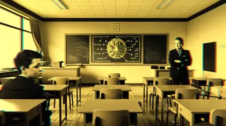 A vibrant 4K Ultra HD wallpaper showcases a classroom with a teacher and student, featuring a chalkboard filled with biology concepts and a warm, inviting atmosphere.