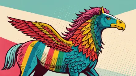 A vibrant, stylized hippogriff with colorful feathers and wings, set against a geometric background, designed as a 4K Ultra HD PC desktop wallpaper.