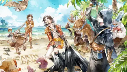 Identity V 2K Quad HD PC wallpaper: stylized characters on a sunny beach—palm trees, sand art, playful survivors and a hooded figure guarding the shore.