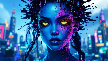 A cyberpunk girl with glowing yellow eyes, her blue face digitally fragmented in a futuristic cityscape, captured in vibrant 4K Ultra HD digital art.