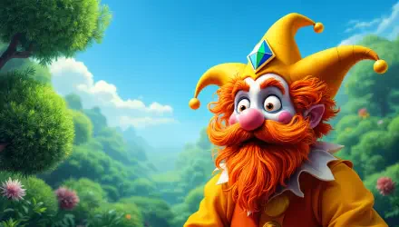 A colorful jester with a vibrant orange beard and a playful expression stands against a lush green landscape under a bright blue sky. 4K Ultra HD PC desktop wallpaper.