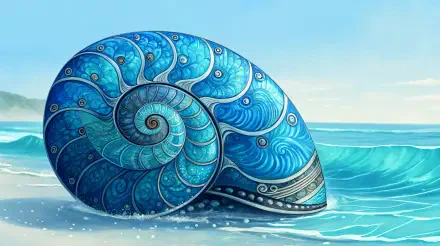 A vibrant sea snail rests on the shore, its intricate blue patterns reflecting the waves, set against a serene beach backdrop. 4K Ultra HD PC Desktop Wallpaper and Background.