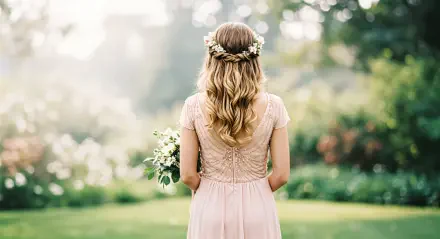 A bridesmaid stands outdoors, seen from the back, wearing a pink dress and a floral crown, holding a bouquet against a lush, soft-focus garden backdrop. 4K Ultra HD wallpaper.