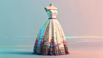 4K Ultra HD wallpaper featuring a stylish bridesmaid dress with colorful modern design elements, blending fashion and vibrant hues on a pastel gradient background.