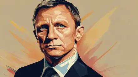 A stylized HD wallpaper featuring Daniel Craig as James Bond, showcasing his intense expression against a vibrant background. Perfect for fans of the iconic spy character.