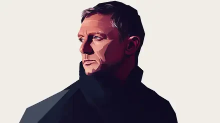 A stylized HD illustration of Daniel Craig, portraying his iconic role as James Bond, featuring sharp angles and a bold color palette. Ideal as a desktop wallpaper.
