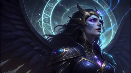 A majestic figure with dark wings and ornate armor gazes with intensity, set against a mystical backdrop featuring glowing symbols and celestial imagery. 4K Ultra HD quality.