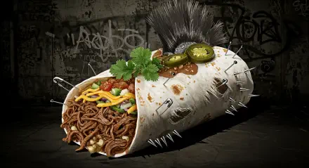 A striking 4K Ultra HD desktop wallpaper features a unique burrito adorned with spikes, cilantro, jalapeños, and vibrant fillings against a gritty graffiti backdrop.
