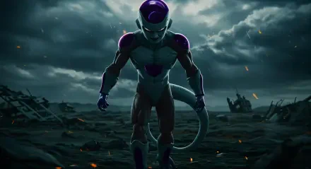 Frieza from Dragon Ball stands menacingly against a stormy backdrop in this stunning 4K Ultra HD PC desktop wallpaper, capturing the essence of power and domination.