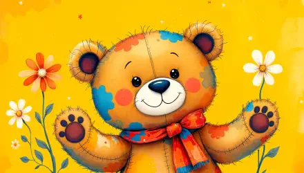 A cheerful teddy bear with a colorful patchwork design holds flowers against a bright yellow background, perfect for a vibrant 4K Ultra HD PC desktop wallpaper.