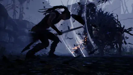 A striking HD desktop wallpaper from the video game Hellblade: Senua's Sacrifice, depicting Senua battling a formidable foe amidst a dramatic, shadowy landscape.