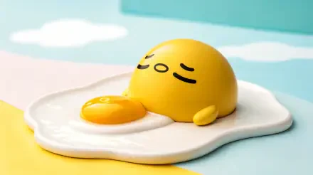 A vibrant 4K Ultra HD desktop wallpaper featuring Gudetama, the lazy egg, resting on an egg white background with soft pastel colors, embodying a relaxed and whimsical aesthetic.