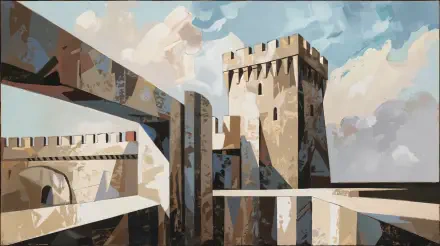 A stunning 4K Ultra HD PC desktop wallpaper featuring a fortified tower amidst a serene sky, showcasing bold architectural lines and a blend of colors.