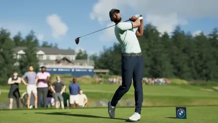 A golfer swings a driver on a lush course in PGA TOUR 2K25, surrounded by spectators. This vibrant HD wallpaper captures the excitement of the game.